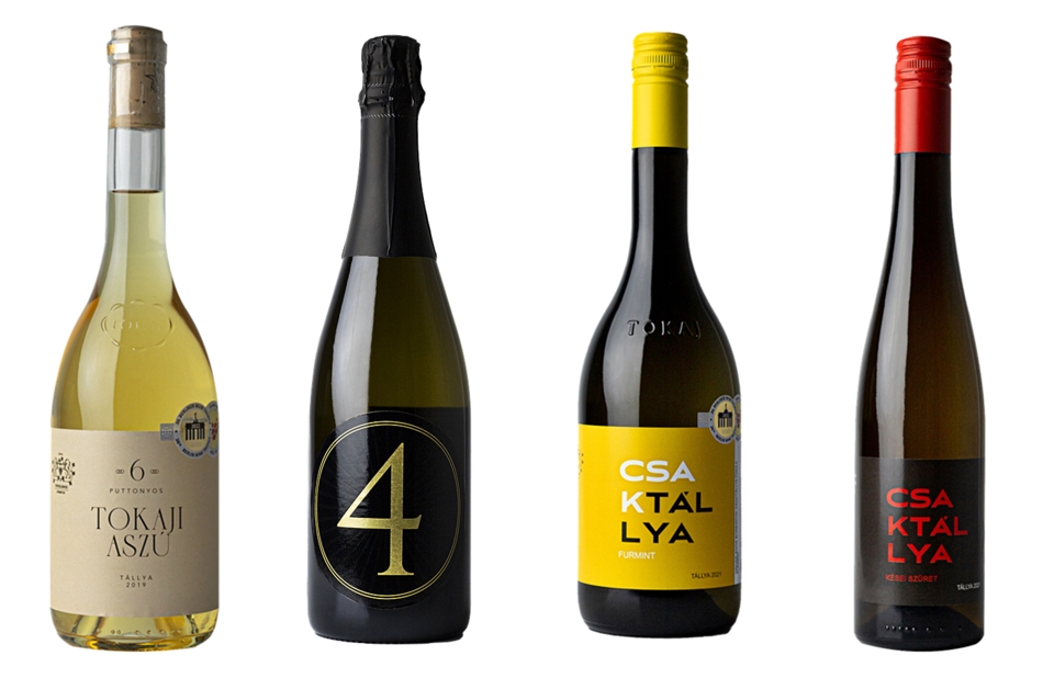 (왼쪽부터) Tokaji Aszu 6 Puttonyos 2019, Extra Brut Furmint Sparkling wine 2019, Csak Tallya Furmint 2021, Csak Tallya Kesei Szuret 2021
