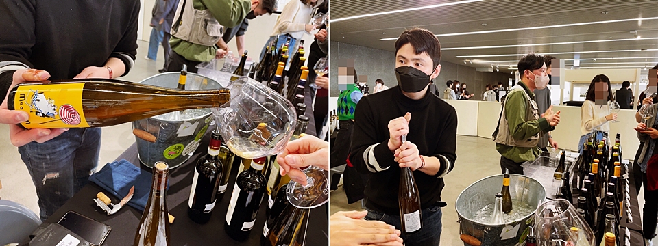 한국 청수 화이트와인 머곰, 한국의 포도품종 청수로 만든 '화사한 꽃향'으로 와인을 처음 접하는 대중들에게 큰 인기를 끌었다. (오른쪽) 와인수입사 레이저스미스의 안승혁 소믈리에& 정호정 대표