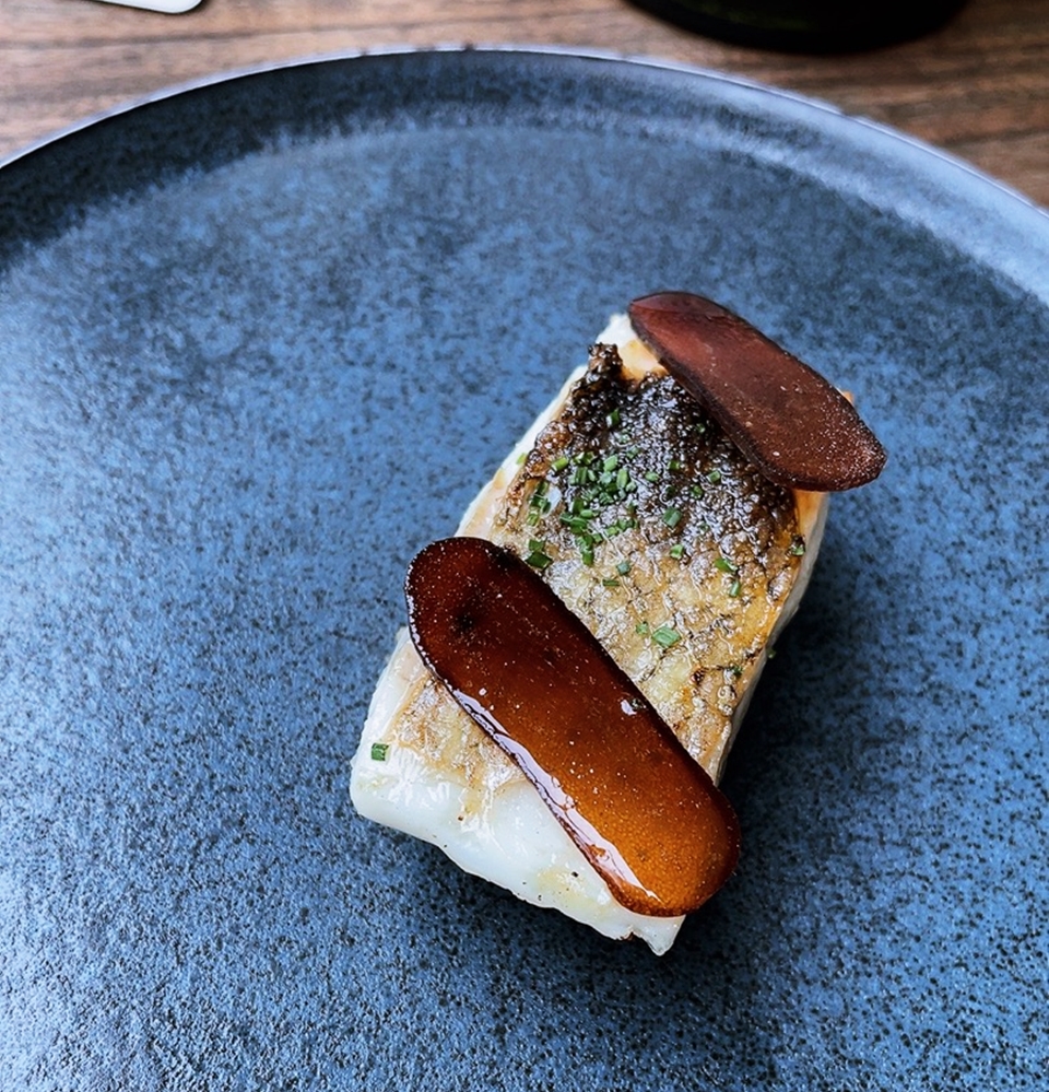 정식카페의 지중해산 농어(Sea Bass) 요리, 농어는 저온조리로 부드러운 텍스처를 살리고, 껍질부분쪽을 숯불에 한번 구워서 바삭한 식감과 훈연향을 입혔으며, 어란을 얇게 올려 감칠맛을 더한다.