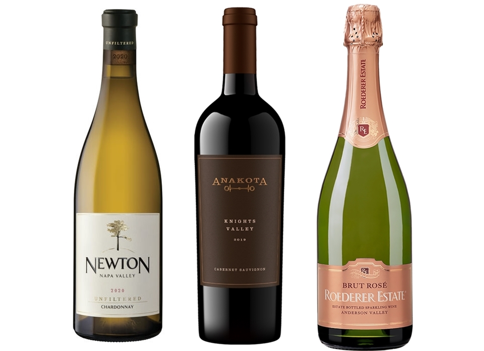 (왼쪽부터) 뉴튼 언필터리드 나파 밸리 샤도네이, 아나코타 카베르네 소비뇽 나이츠 밸리, 로더러 에스테이트 브륏 로제 (사진=Newton Vineyard / Anakota Knights Valley / Roederer Estate)