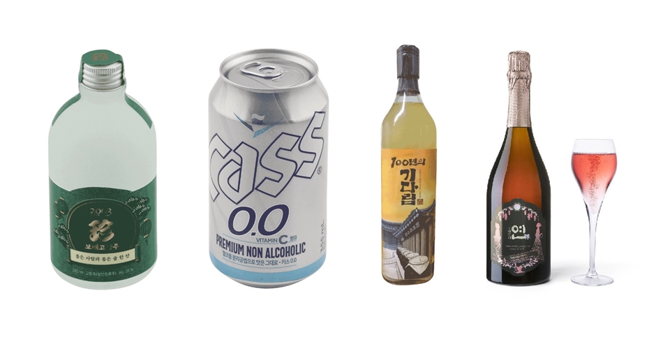 국제식음료품평회 수상 (왼쪽부터) 보배고량주, 카스0.0, 100년의 기다림, 오미로제 연 (사진=국제식음료품평원)