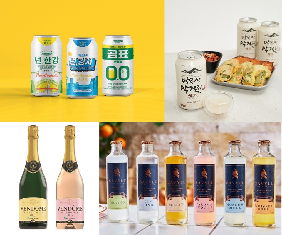(좌측부터 시계방향) 세븐브로이맥주 ‘논알코올맥주 3종’, 일화 '발왕산막걸리제로', 리커팟컴퍼니 ‘무알콜 음료 쉐빌’, 제오막코리아 '벤돔 페틸런트 논알코올 스파클링 와인 2종