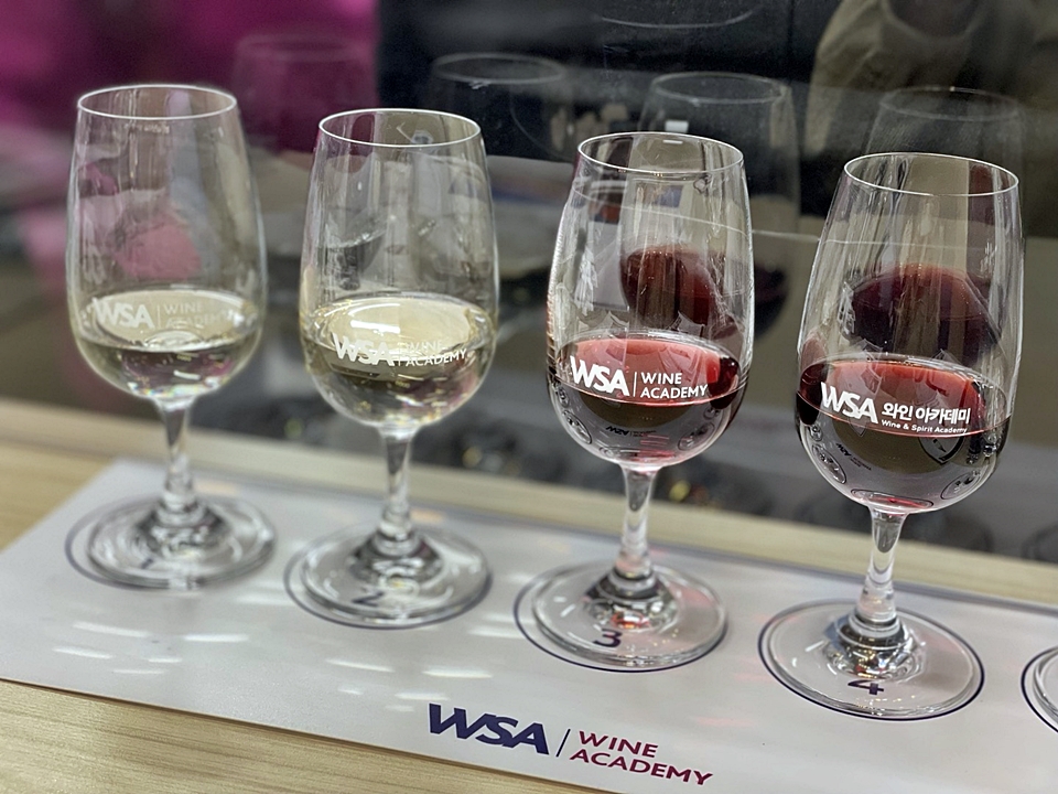 마루키 와이너리의 와인 테이스팅, 코슈로 만든 화이트와인들이 옅은 볕짚색을 띄고 있다. (왼쪽에서 두번째) 라 퓌유 타루 코슈, (왼쪽에서 세번째) 라 퓌유 배럴 베일리