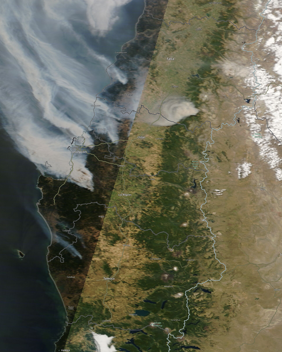 2023년 2월 3일, 모디스(MODIS)에 의해 포착된 화재의 위성 이미지 (사진=NASA/Wikimedia)