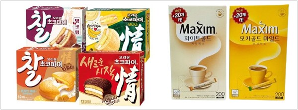 스테디셀러 제품 ‘초코파이 정’(왼쪽), ‘맥심 모카골드’(오른쪽)