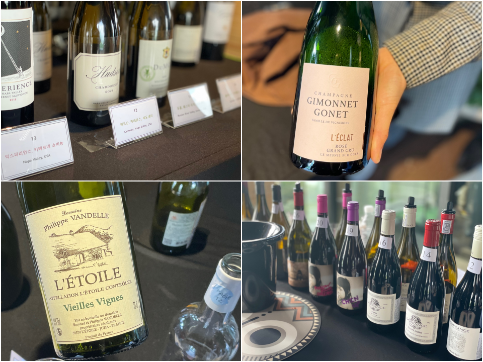 (좌측부터 시계방향) 와인투유코리아의 허드슨 랜치(Hudson Ranch) 와인, 안시와인의 '필립 반델 레뜨왈(Philippe VANDELLE L'ETOLE)' 와인, 팝앤포코리아의 '도랑스(Dorrance)' 와인, 문도비노의 샴페인 '지모네 고네(Gimonnet Gonet)'  Ⓒ도윤기자