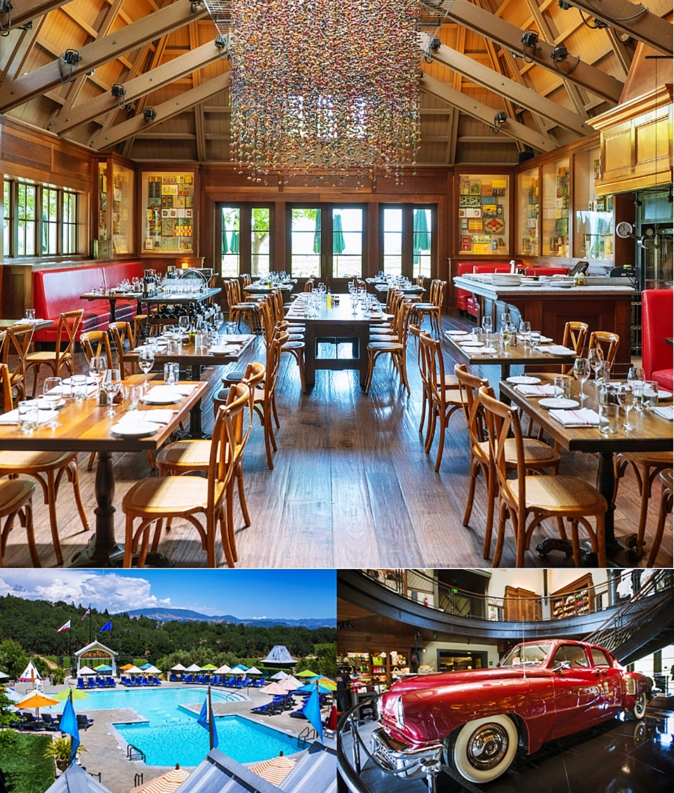 ​프란시스 포드 코폴라의 레스토랑 '러스틱(Rustic)', 와인글라스 수영장, 영화 '대부'에 등장했던 자동차 소품