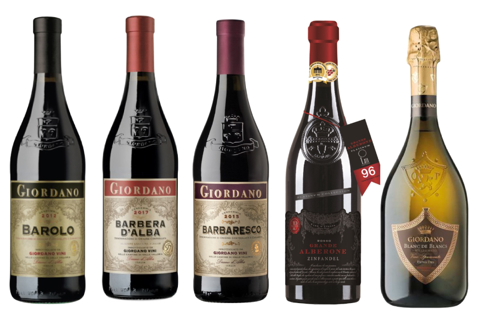 한국에 소개된 IWB의 와인들은 지오다노 브랜드를 포함하여 총 13종이며 이날 5종을 소개하였다. 좌측부터 바롤로, 바르베라달바, 바르바레스코, 그란데 알바로네 진판델, 블랑 드 블랑 엑스트라 드라이