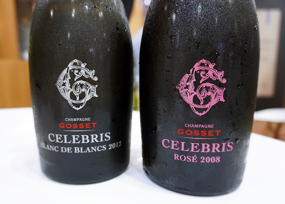 (왼쪽부터) 고세 셀레브리 블랑 드 블랑(Celebris Blanc de Blancs), 셀레브리 로제(Celebris Rose), 고세의 아이콘 샴페인이다