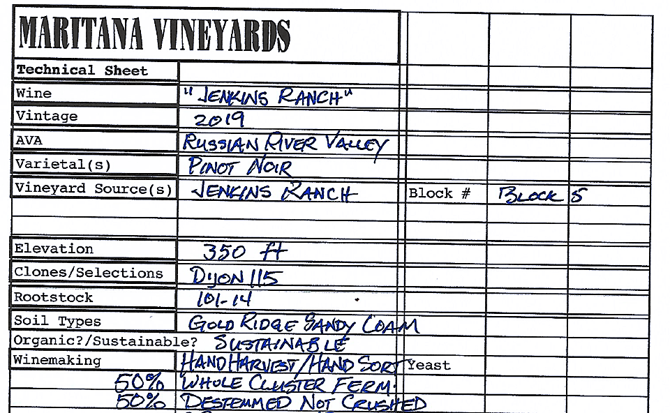도날드 파츠가 직접 작성한 와인 메이킹 테크니컬 시트. 마리타나의 젠킨스 랜치(Jenkins Ranch) 빈야드 2019년 빈티지의 피노 누아 와인을 만들 때이다.