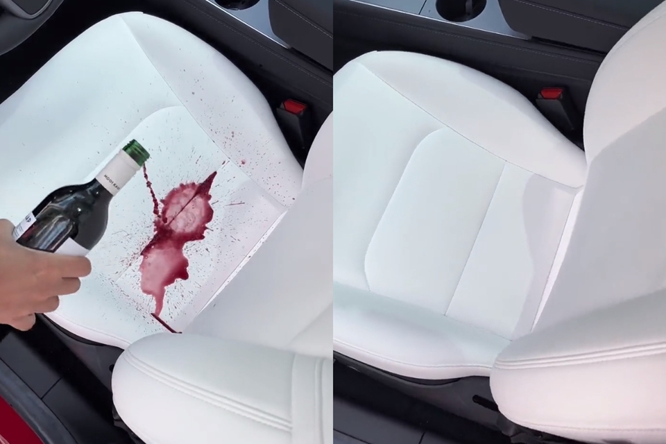 테슬라 전기 자동차 흰색 시트에 쏟아진 레드 와인이 닦아진 모습 (사진=Tesla 공식 트위터)