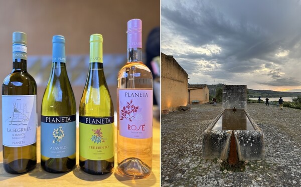 좌측사진- 울모에서 생산되는 브랜드 와인들. 우측사진 -아란초 호수변과 맞닿은 울모 와이너리