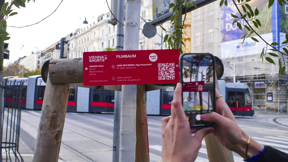 QR코드 스캔 후 작품을 감상할 수 있는 비엔나 쇼츠의 나무 트로피 (사진=Sebastian Kraner)