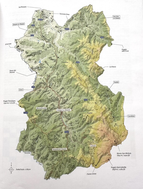 그레베 인 끼안티 지도-우측 황색 부분이 몬테 델 끼안티산. 그레베 강과 페사 강 유역에 포도밭 밀도가 높다