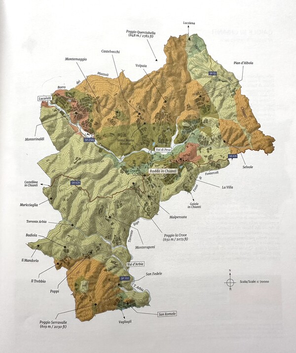 라다 인 끼안티 지도-북부의 포조 궤르차 벨라산과 북동부의 몬테 델 끼안티산이 미세기후에 막대한 영향을 미친다