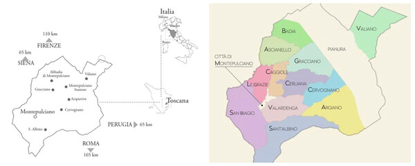 좌측 지도- 비노 노빌레 디 몬테풀차노 지역. 우측 지도-12군데 피에베. 피에베를 실시해도 재배 면적은 변동 없다