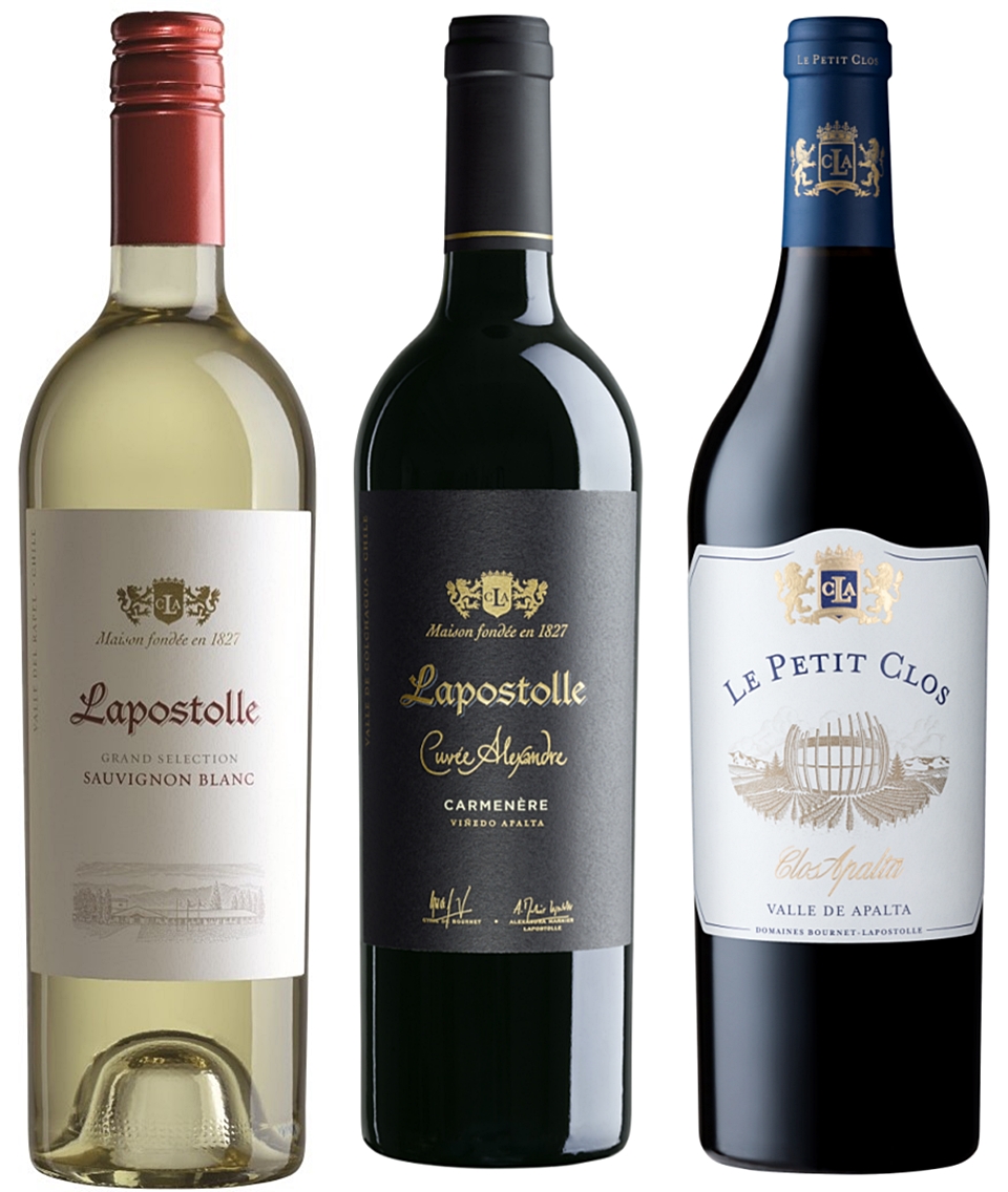 (왼쪽부터) 라포스톨 그랑 셀렉션 소비뇽블랑(Lapostolle Grand Selection Sauvignon Blanc), 라포스톨 뀌베 알렉상드르 까르메네르(Lapostolle Cuvee Alexandre Carmenere), 라포스톨 르 쁘띠 끌로 아팔타(Lapostolle Le Petit Clos Apalta) (사진= 레벵)