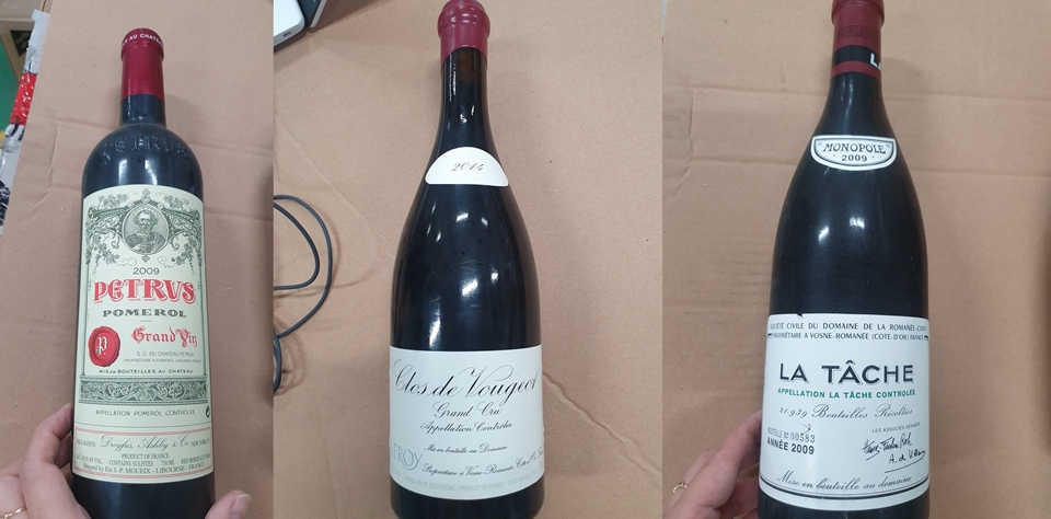 주요 고가 와인 (왼쪽부터) 페트뤼스 2009(시가: 11,864,980원) / 끌로드부죠그랑크뤼 2014(시가: 9,401,420원) / 라타슈 2009 (시가: 8,486,900원) (사진=서울본부세관)
