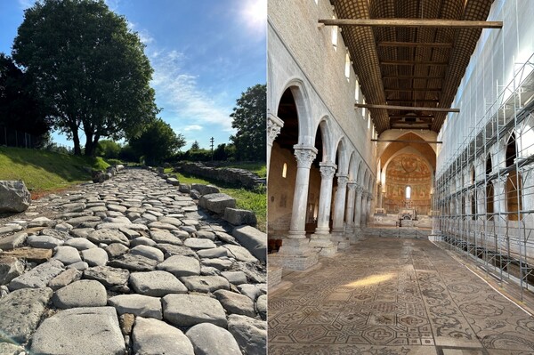 좌-루리아 아우구스타 가도. 우- 바실리카 산타 마리아 아순타 성당내 모자이크 바닥