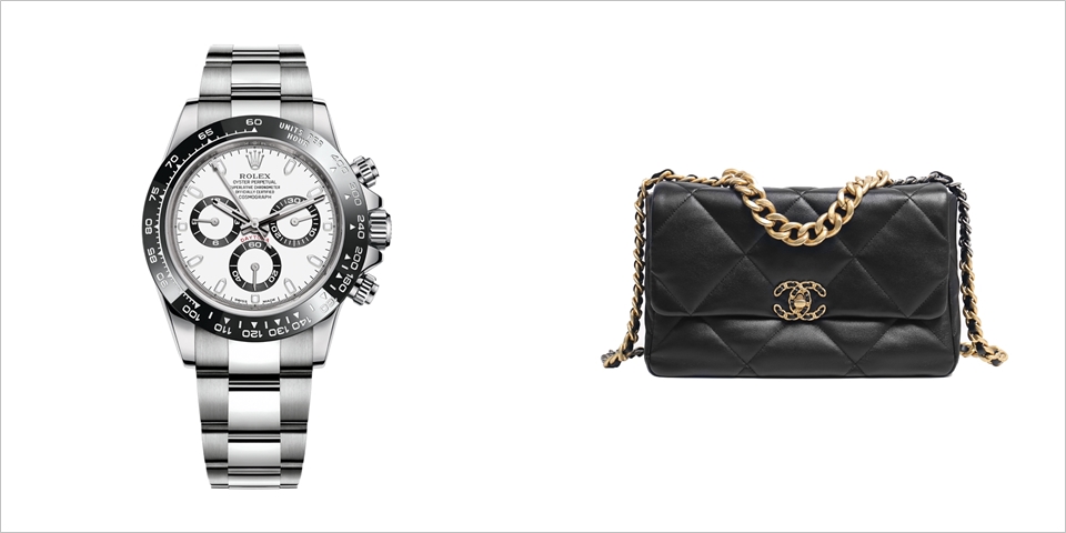 (왼쪽부터) 롤렉스 데이토나 판다, 샤넬 19백 라지 (사진=트레져러)