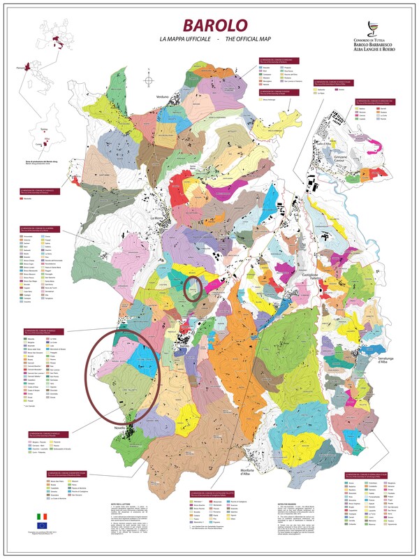 레 스트레테 와이너리의 바롤로 MGA 위치- 좌측 원 베르제라-페쫄레와 코리니-팔라렛타, 우측 원 베르제이사. 이미지 출처 Consorzio di Barolo