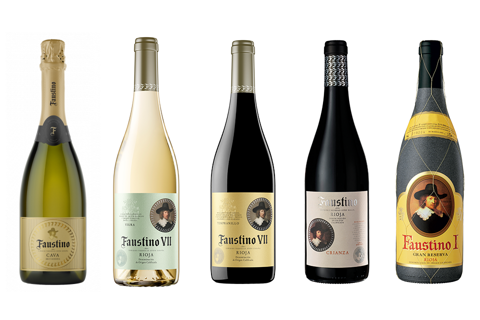 (왼쪽부터) 파우스티노 리제르바 까바 브뤼(Faustino Reserve Cava Brut), 파우스티노 7세 블랑코(Faustino VII Blanco), 파우스티노 7세 템프라니요(Faustino VII Tempranillo), 파우스티노 크리안자(Faustino Crianza), 파우스티노 1세 그랑 리제르바(Faustino I Gran Reserva)