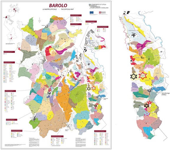 바롤로 MGA 지도와 세라룬가 달바 MGA 세부 지도. 팔라디노의 바롤로 밭은 다섯 군데 MGA에 흩어져 있다(별표 참조). 밭 고유성이 두드러지면 MGA, 모두 섞어 조화로운 경지에 이르면 코무네 바롤로로 출시한다