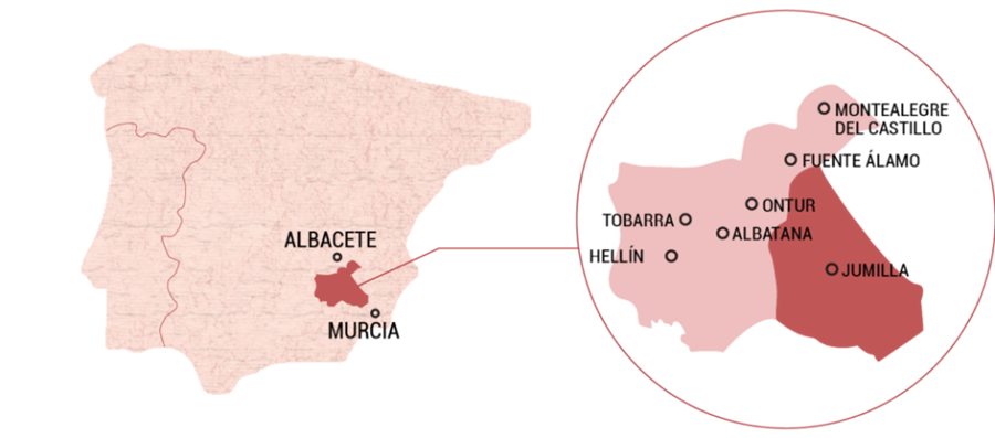 와인산지 후미야의 위치와 이 와인산지에 속한 도시의 이름들. 붉은 색으로 표시된 곳이 무르시아 자치주에 속하며 분홍색으로 표시된 곳이 알바세타 주에 속한다.
