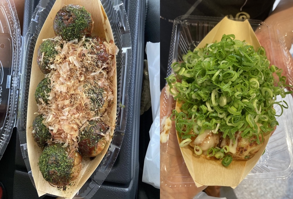 (좌) 가쓰오부시(鰹節), (우) 파(ねぎ)가 토핑으로 올려진 타코야끼