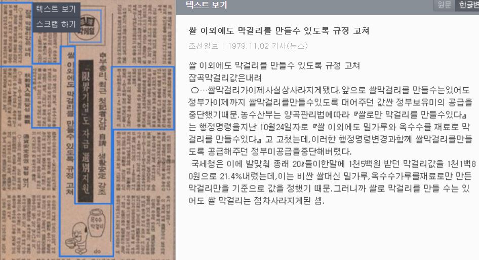 막걸리에 쌀만을 사용토록 한 행정명령 철회 기사 @조선일보(1979.11.02.)