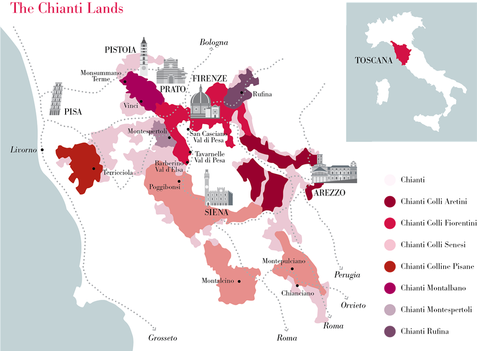 끼안티는 여섯개 지방을 포함하며  7군데 세부지역으로 나뉜다. 세부지역 구분 없이 여섯군데 지방 내에서 재배, 양조, 숙성된 끼안티는 끼안티 제네리코라 한다