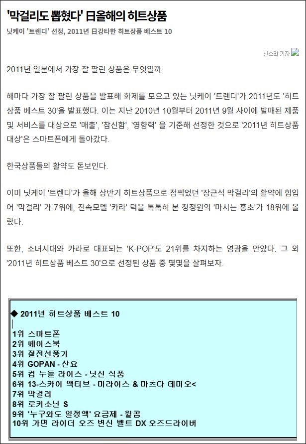 2011년 일본 올해의 히트상품 선정 ‘막걸리’ @jpnews 홈페이지 갈무리