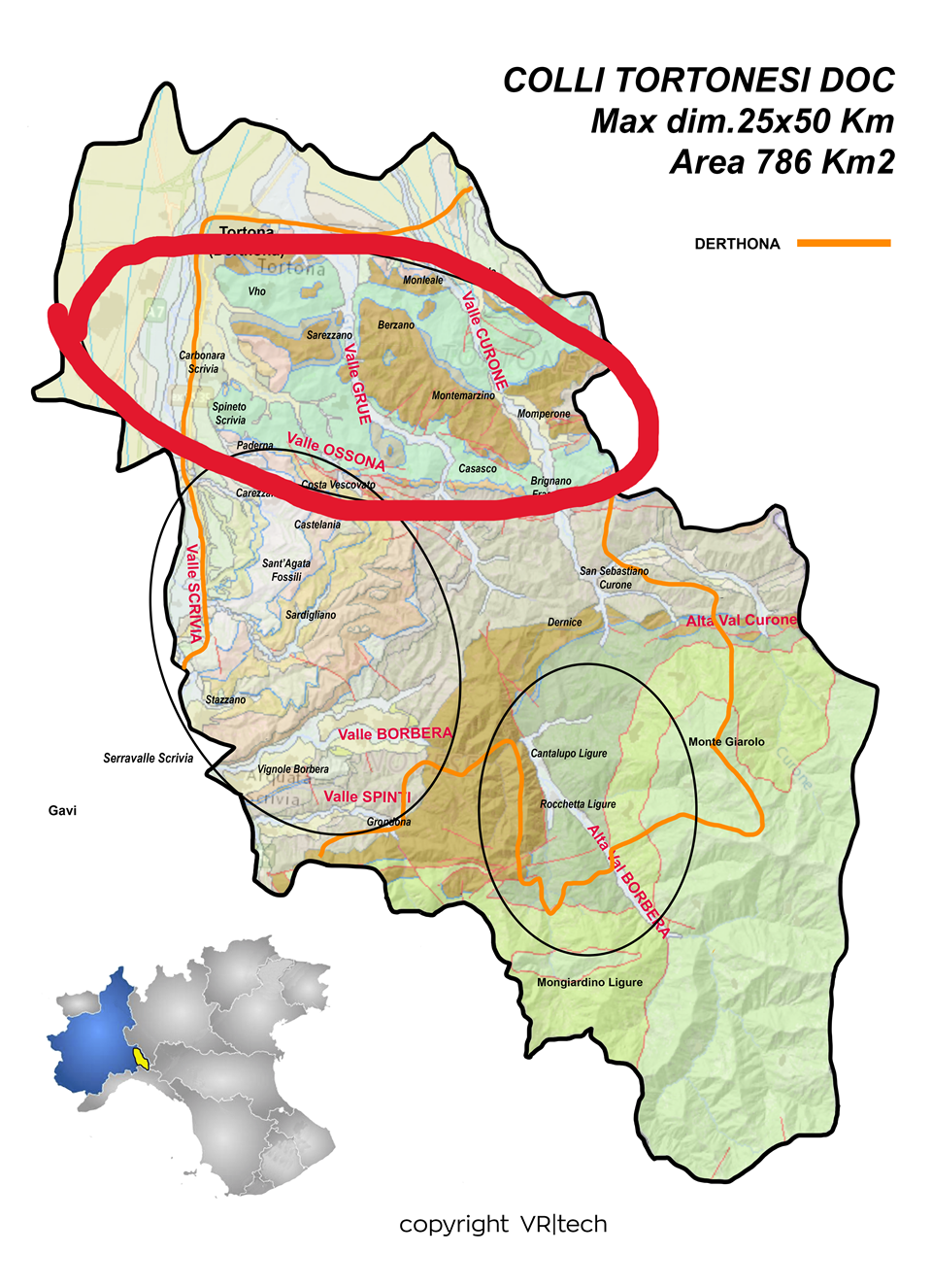 콜리 토르토네지 지도-적색 원 내부에는 티모라쏘 5인방의 와이너리가 소재하며 티모라쏘 붐의 진원지인 다섯 군데 마을이 둥그렇게 모여있다. 저널리스트들이 방문한 5군데 와이너리도 이 안에 소재한다
