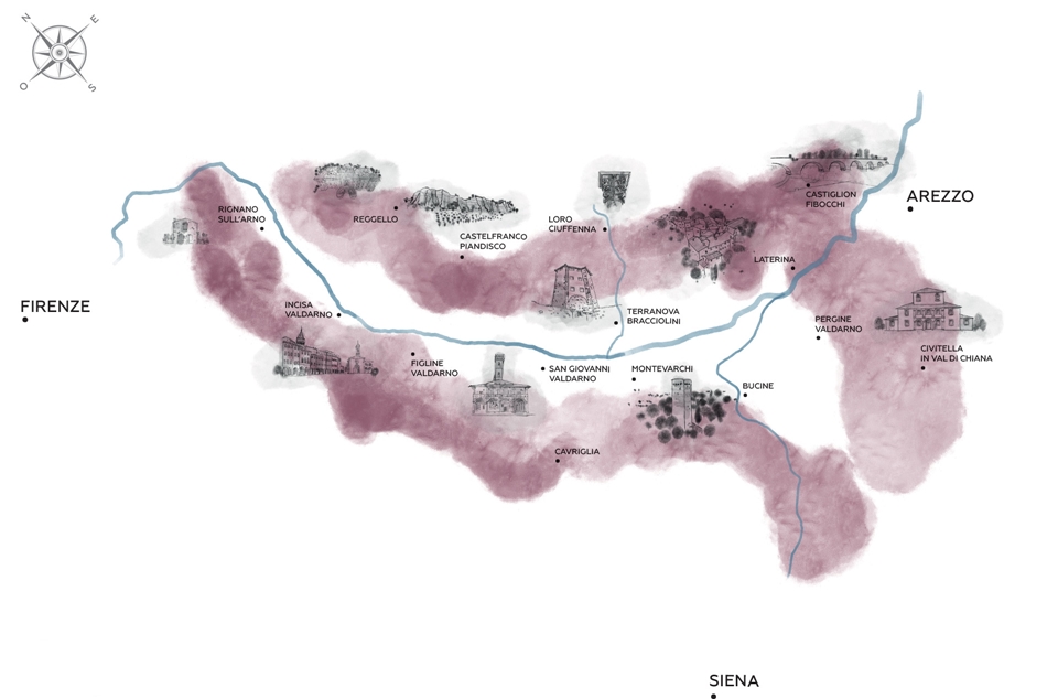 발다르노 디 소프라 지역. 북쪽에 피렌체, 남쪽에 아레초 평원, 서쪽의 끼안티 산, 동쪽의 프라토마뇨 산으로 둘러싸인 분지형태를 하고 있다. 북동 토스카나에서 기원한 아르노 강이 통과하며  강유역을 좌안과 우안으로 구분한다