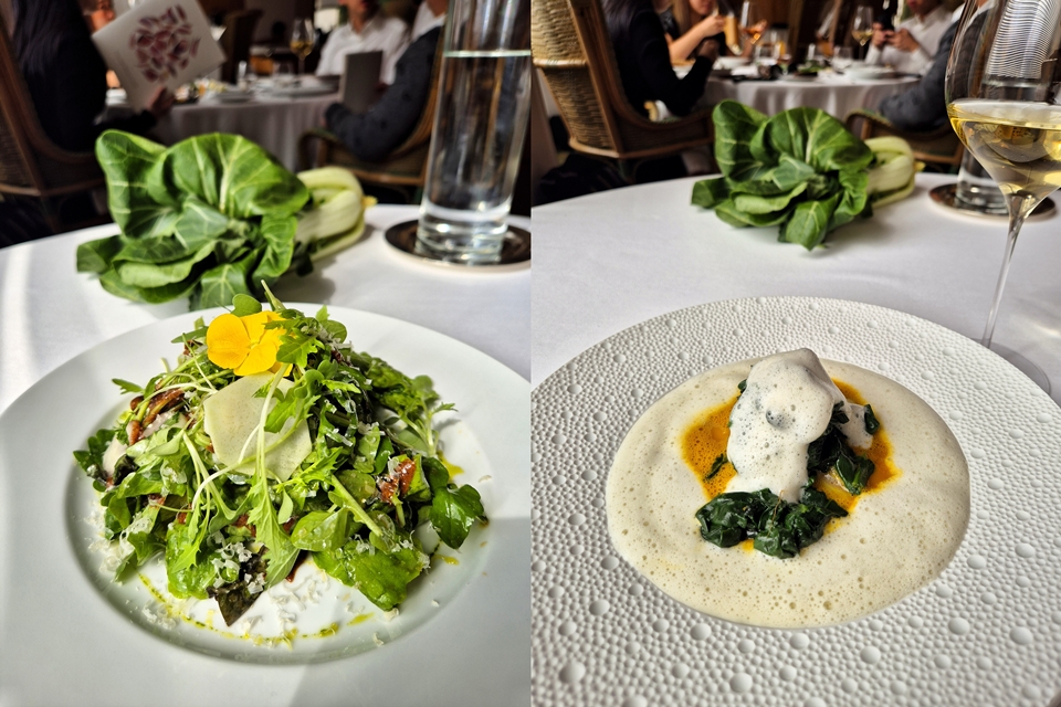 (왼쪽부터) 아르페쥬 정원 샐러드 & 양파 폼, 당근 퓨레, 시금치 (사진=마현수)