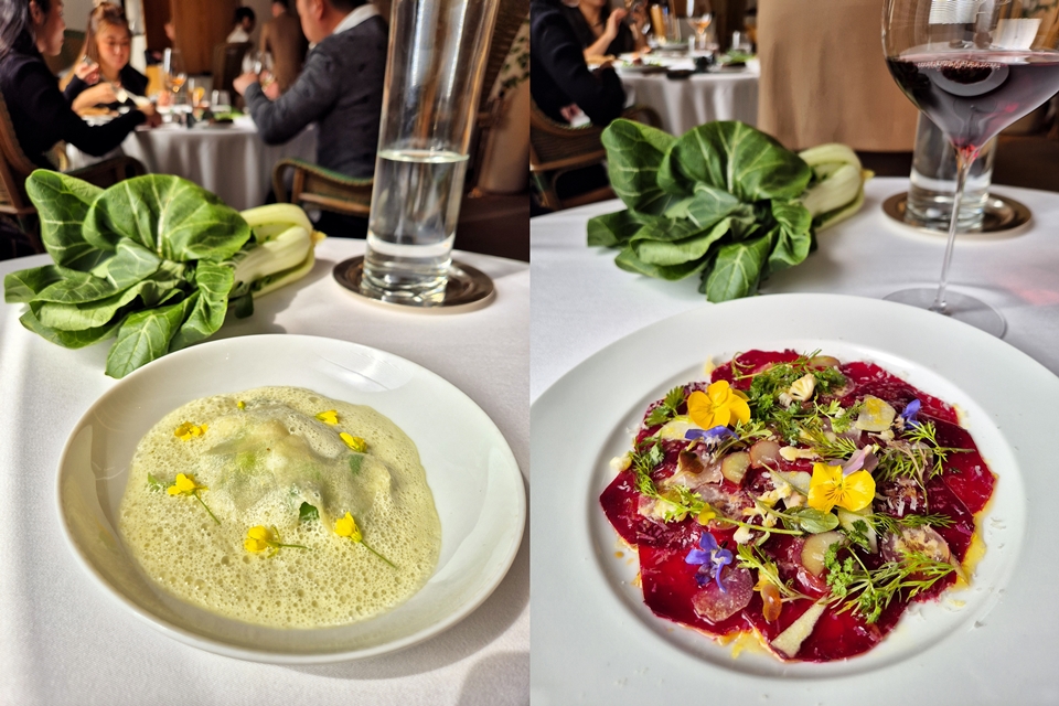 (왼쪽부터) 천천히 익힌 대파 & 비트 카르파치오 (사진=마현수)