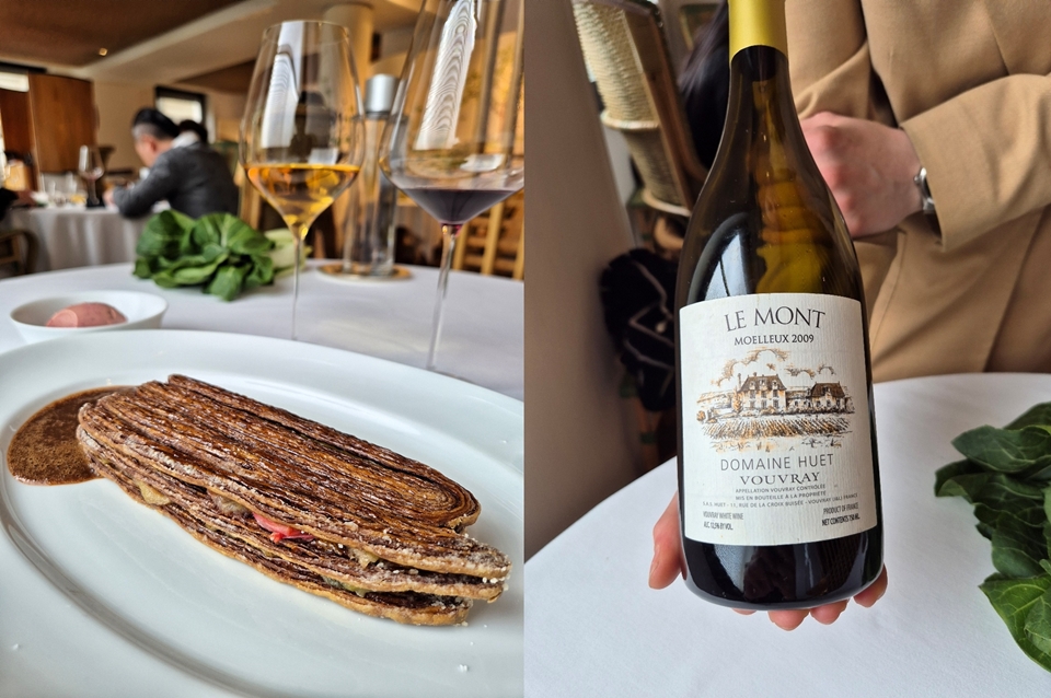 (왼쪽부터) 루바브가 들어간 밀푀유 & Domaine Huet Vouvray “Le Mont Moelleux” 2009 (사진=마현수)