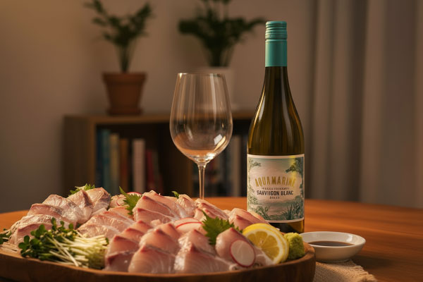 방어회와 아쿠아마린 소비뇽 블랑 (사진=레뱅)
